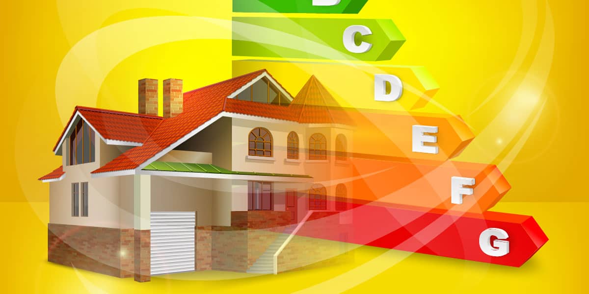 A graphic with yellow background showing a house with graphs measuring heat escaping